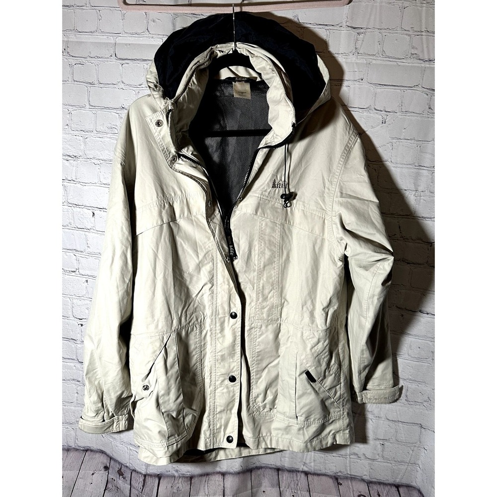 REI Womens Tan Black Hooded Full Zip Mesh Lined Outdoor Hiking Jacket Medium